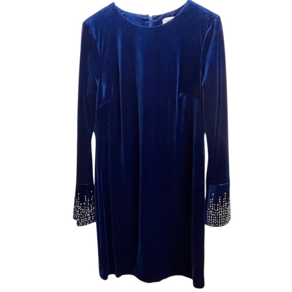 Calvin Klein Royal Blue Velvet Midi Dress with Embellished Cuffs